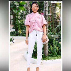 Entro Tell Me More Mauve Pink Satin look bubble sleeve criss cross  Blouse shirt